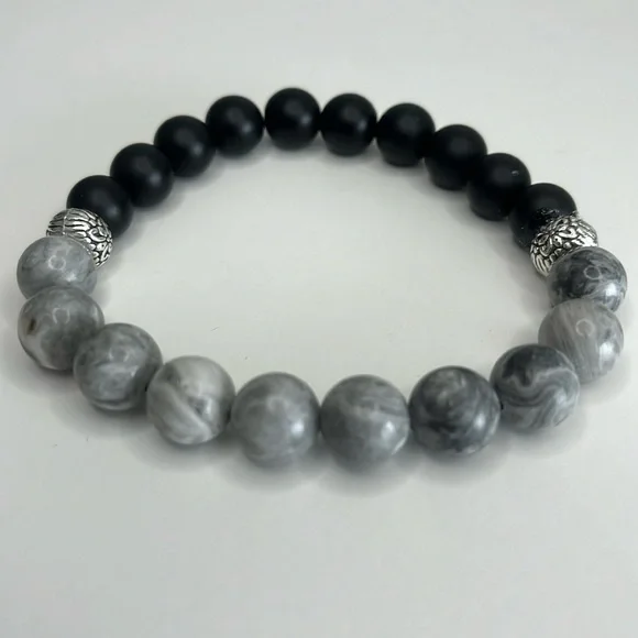 Handmade One of a Kind Black, Gray & White Beads with Silver Accent Bracelet - Picture 2 of 3